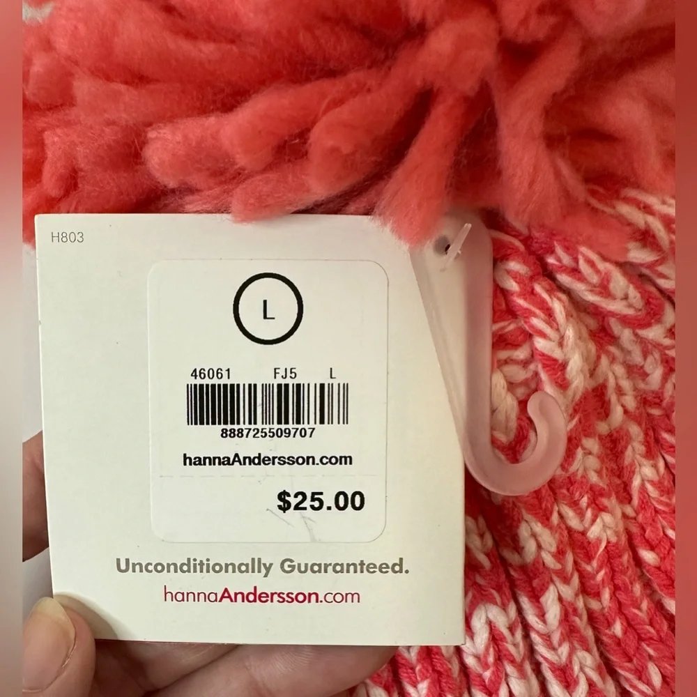 Hanna Andersson Girls Knit Hat Beanie NWT Coral Pink Pom Pom Size Large